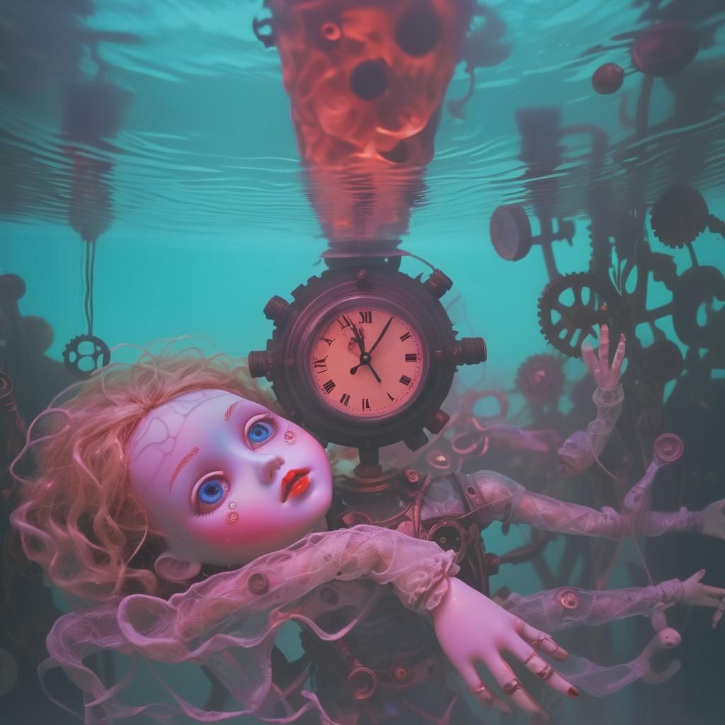 Surreal Clockwork Doll in Aquarium, Steampunk Style