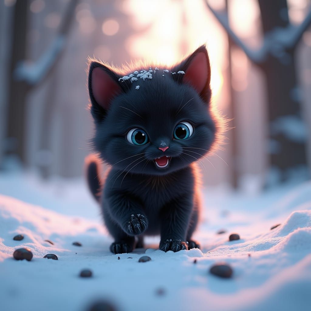Fluffy Kitten Plays in Snow: 3D Digital Art