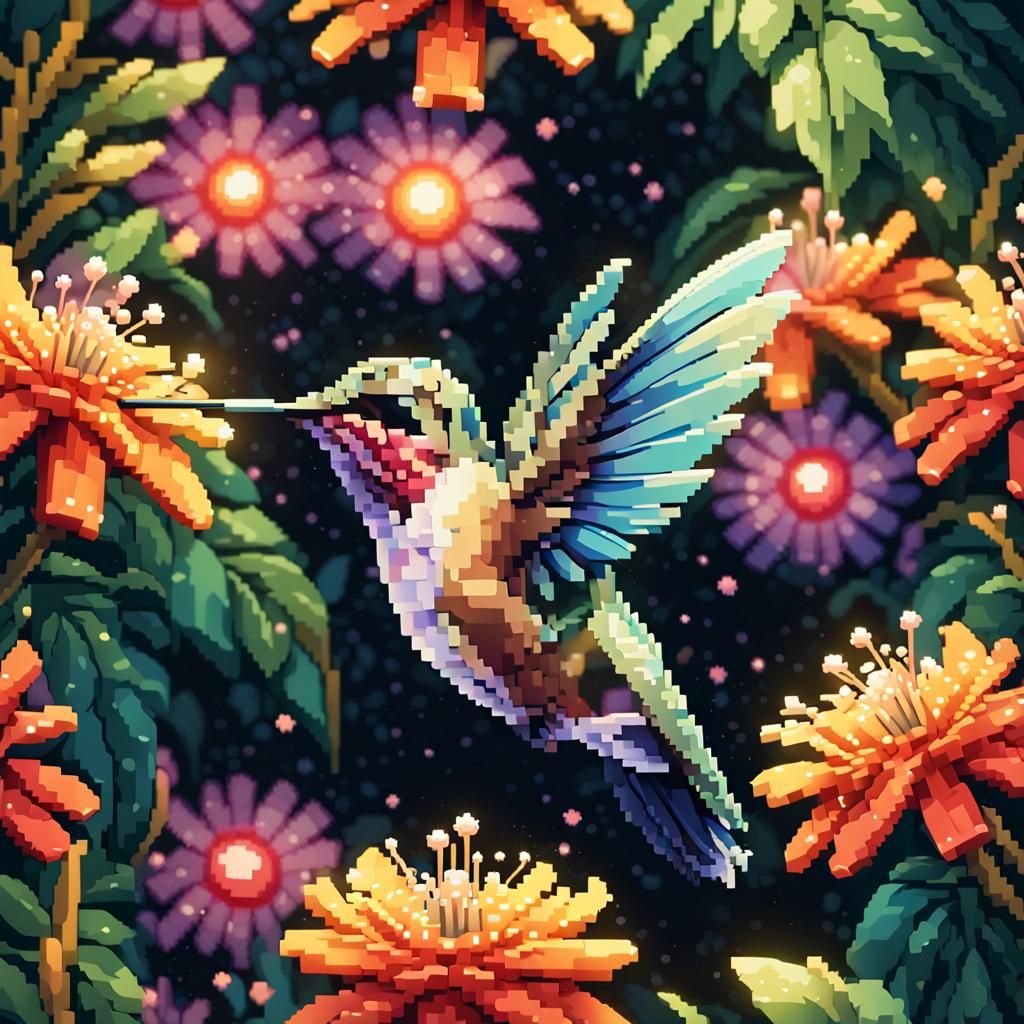pixel art of floating hummingbird
