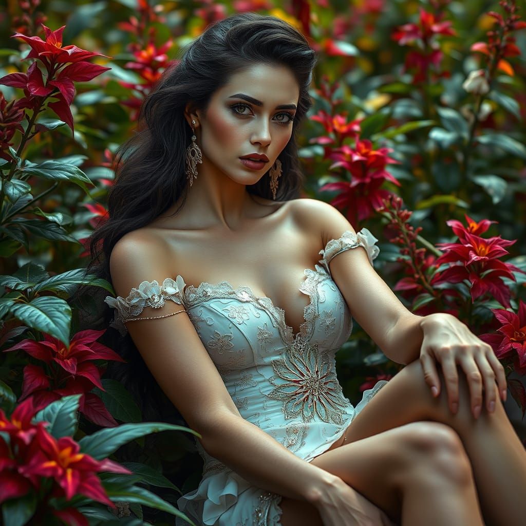 Elegant Woman in Lush Nature: Photorealistic Image