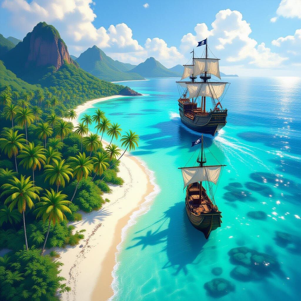 Aerial View of Tropical Island with Pirate Ship
