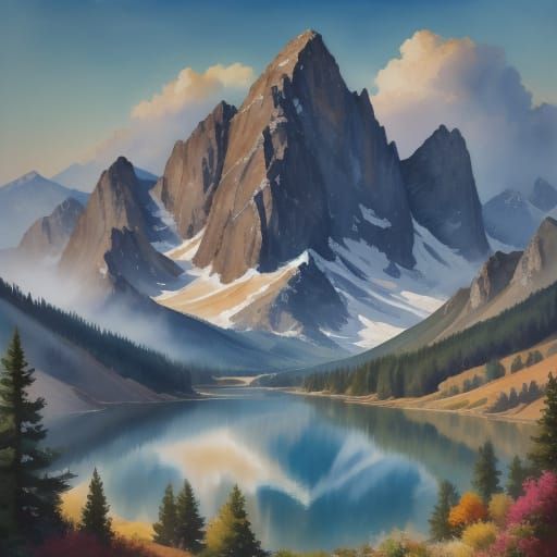 Mountain Lake Digital Painting in Impressionist Style