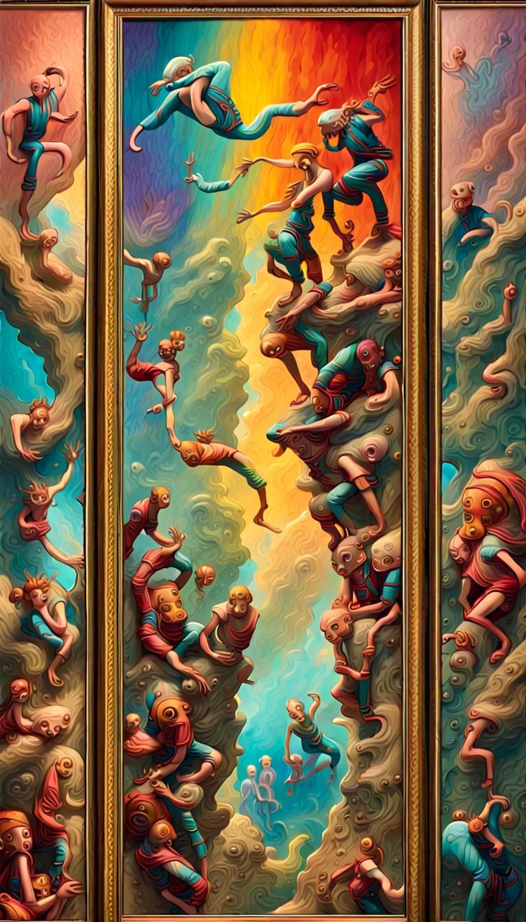 Vibrant Art Display: Creatures Climbing from Canvases