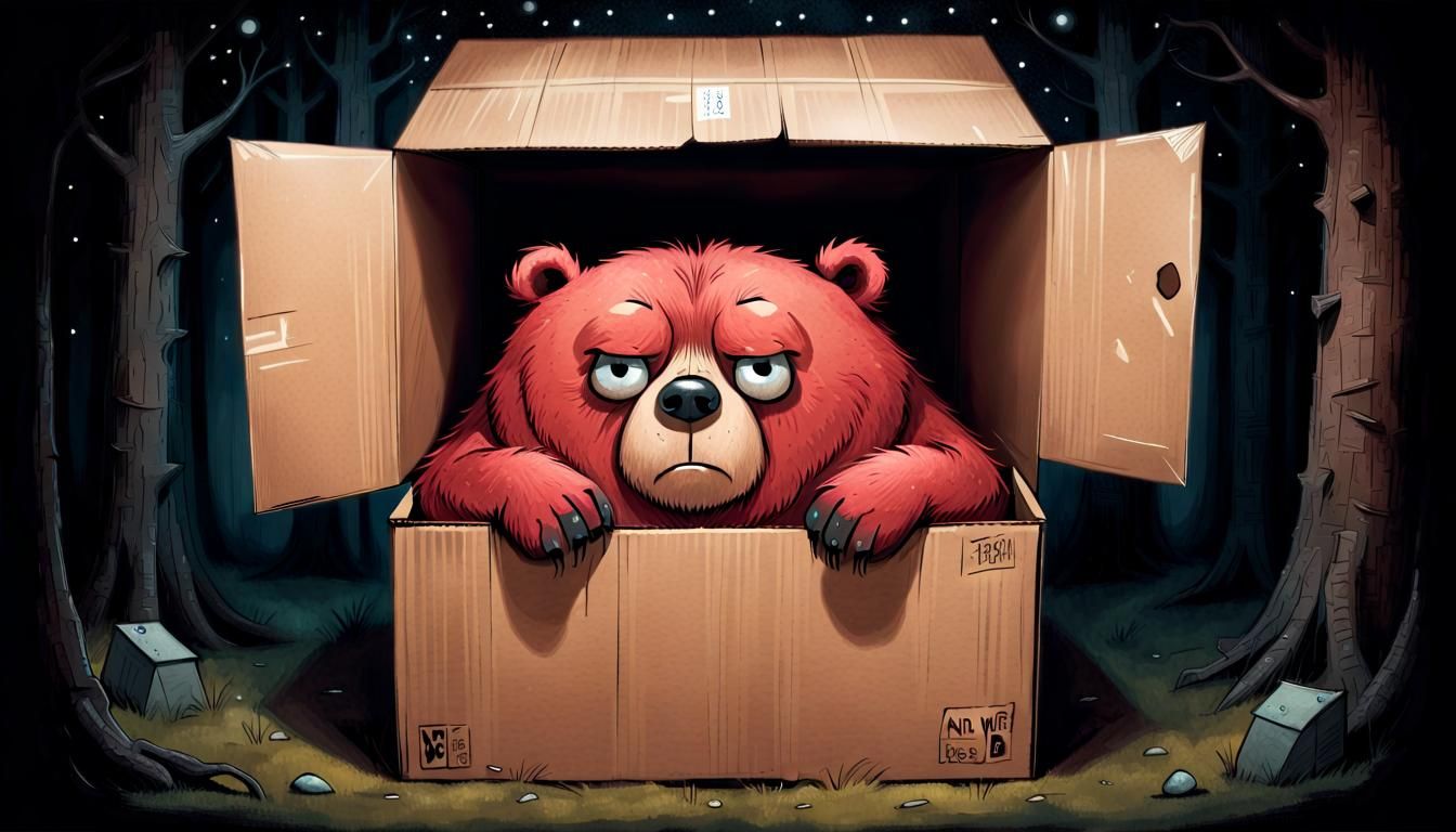 Grumpy Bear Sleeps in Cardboard Box Storybook Style