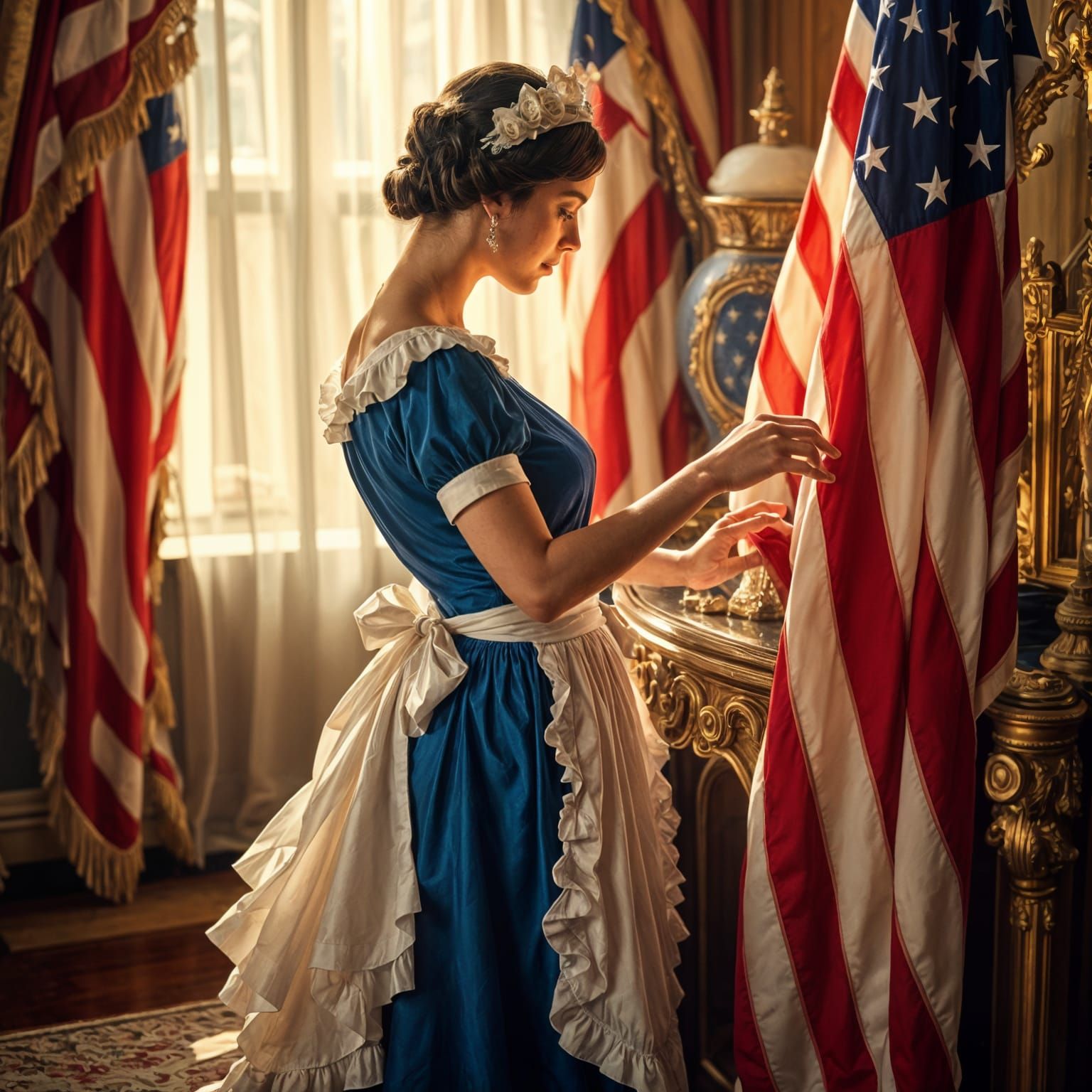 Elegant Art Deco Woman in French Maid's Costume Amidst Ameri...