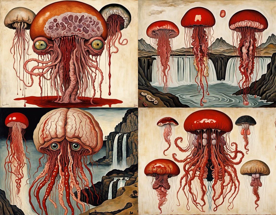 Mythical Jellyfish Internal Organs in Ukiyo-e Style
