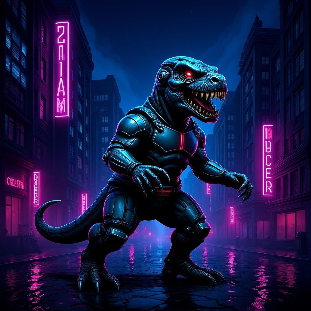 A metallic tyrannosaurus rex in a dystopian cityscape
