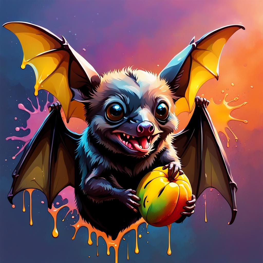 Adorable Fruit Bat Enjoys Mango: Graffiti Art