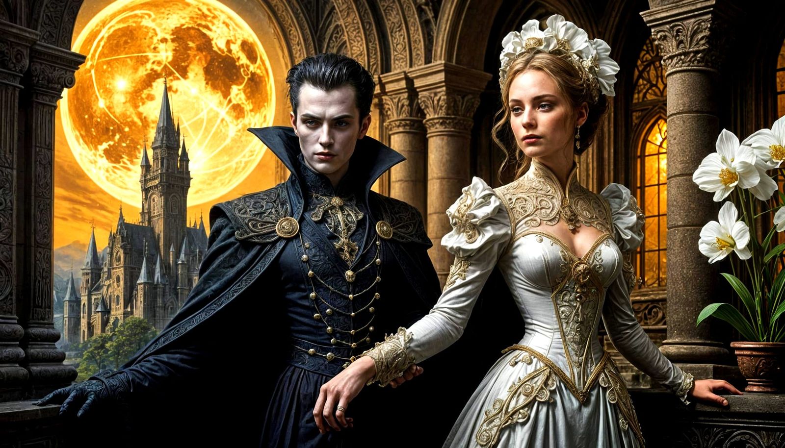 Vampire Balcony Scene as 1950s Lithograph