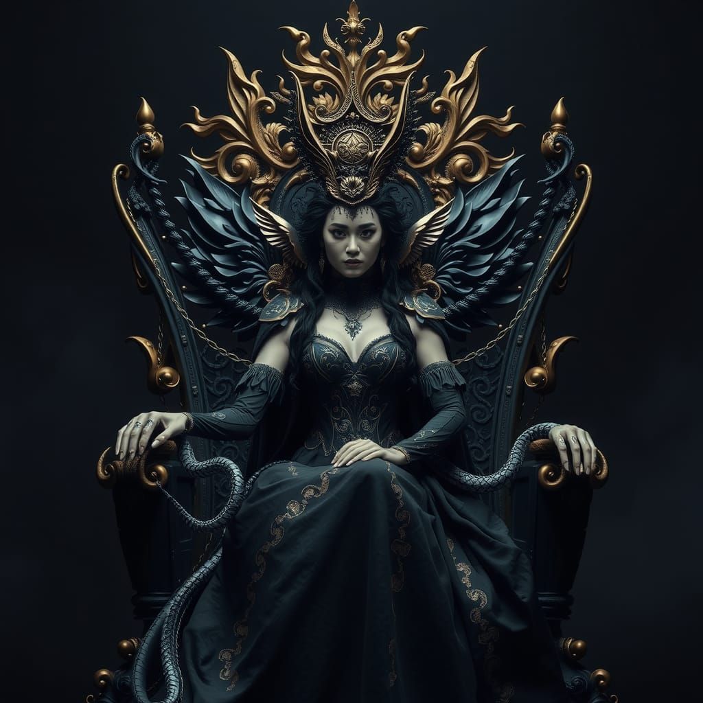Serpentine Queen on Golden Throne in Hyperrealism