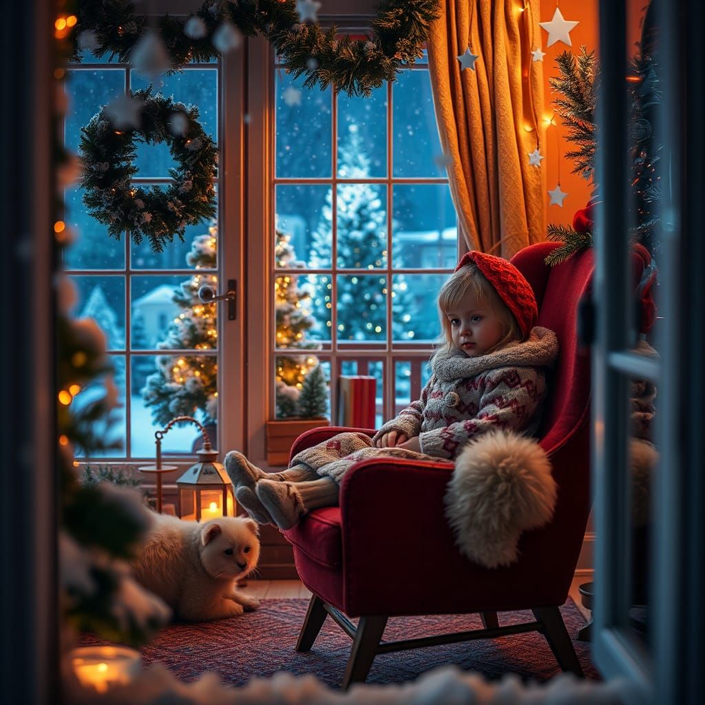 Cozy Christmas Room with Girl and Pet