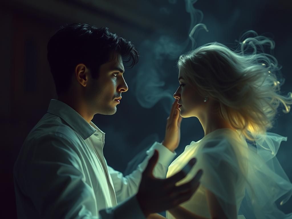 Melancholic Man Reaching for Ephemeral Smoky Woman