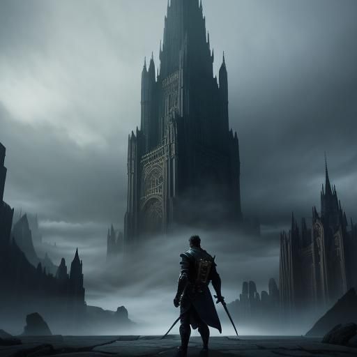 Heroic Sci-Fi Figure in Gothic Cityscape