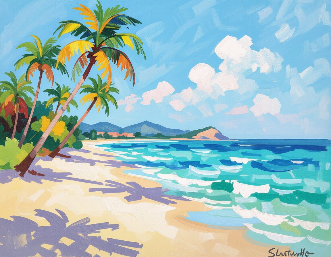 Expressive Beach Scene in Impressionistic Style