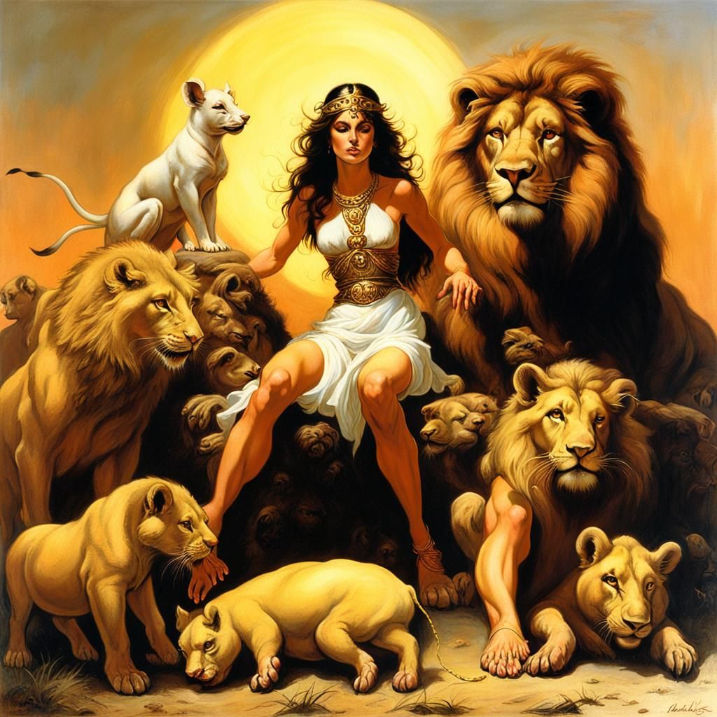 Circe Surrounded by Animals in Fantasy Art Style