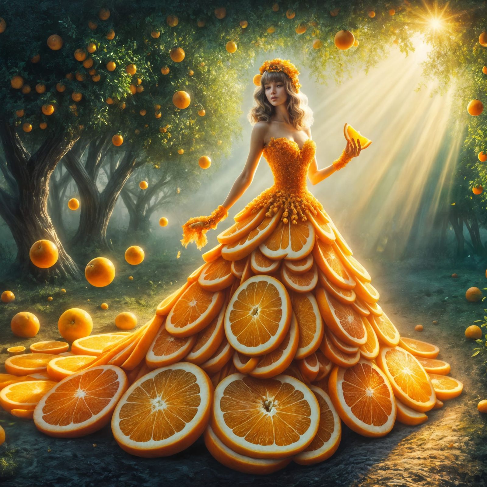 Ethereal Princess in Orange Gown: An Oil Painting