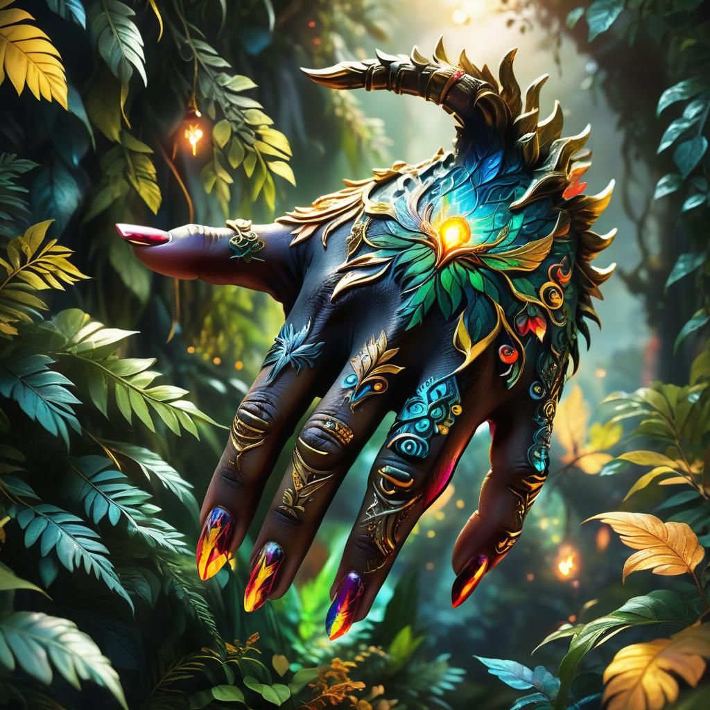 Mystical Creature Hand with Glowing Nail Art