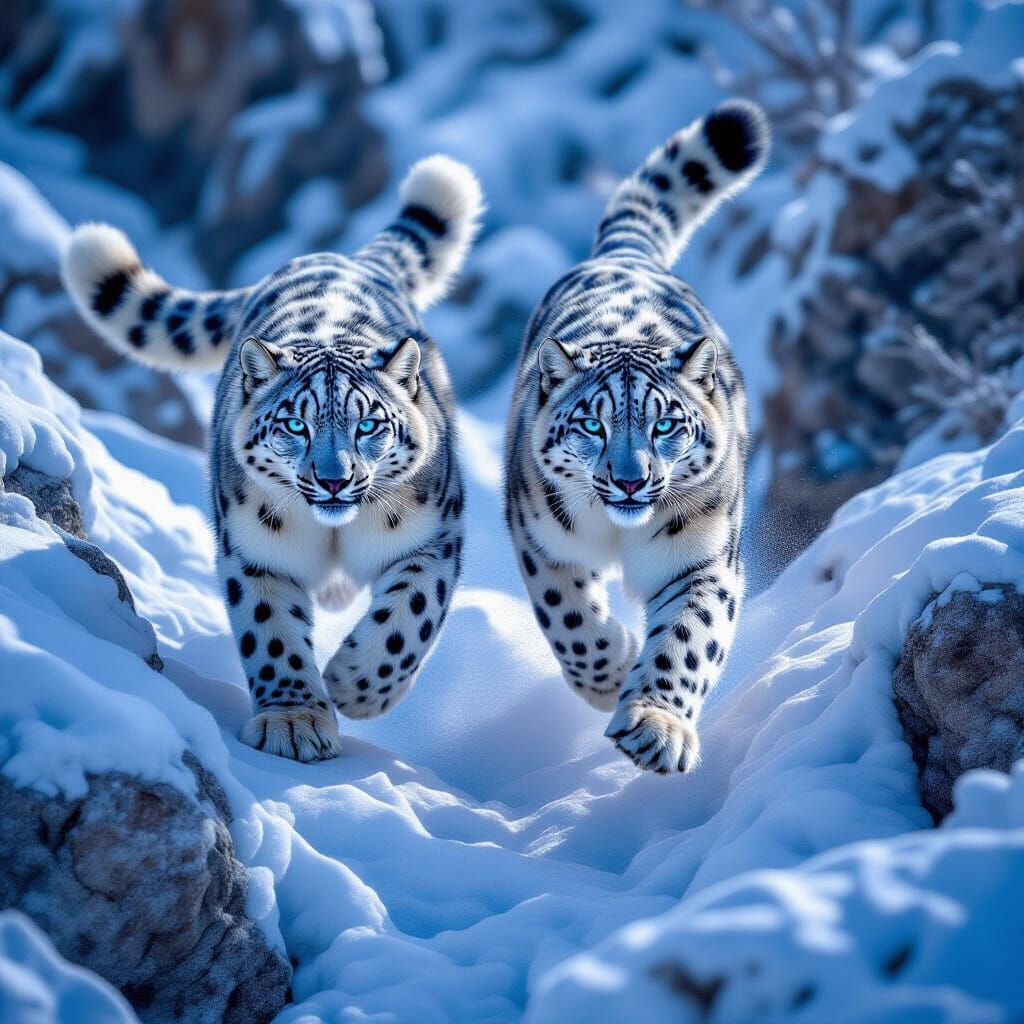 Snow Leopards Leap Across Ravine in Cinematic Style