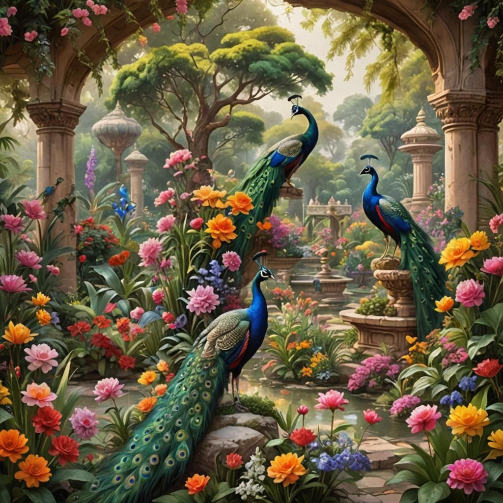 Indian Palace Garden with Dancing Peacock