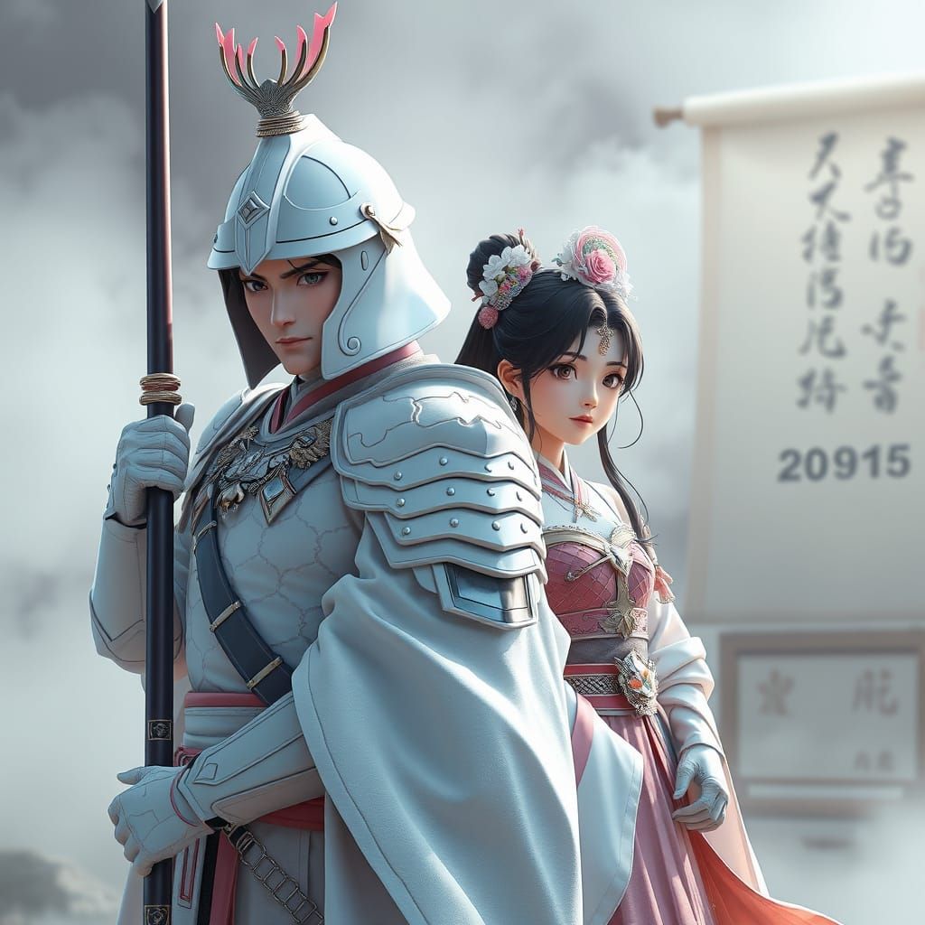 Anime Art: Commander Protects Princess in Ethereal Mist