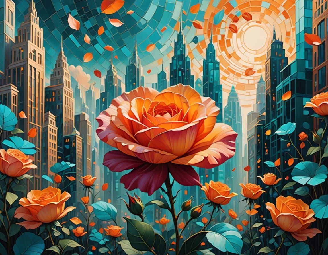 Surreal Futuristic Cityscape in Maximalist Style with Rose P...