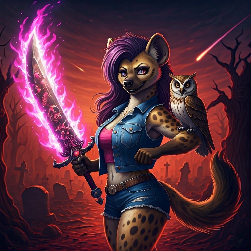 Dark Fantasy She-Hyena Wields Occult Sword in Hellish Gravey...