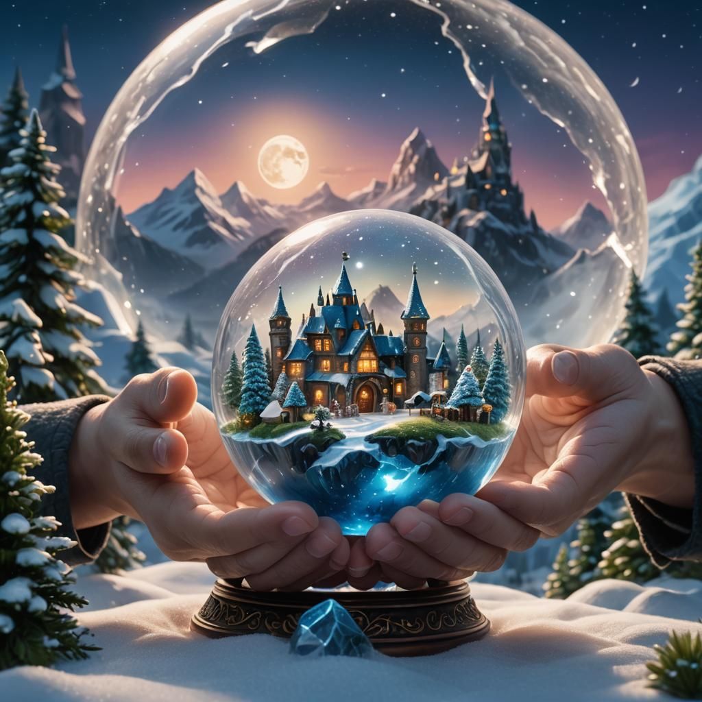 Hands Holding Fantasy World in Snowglobe