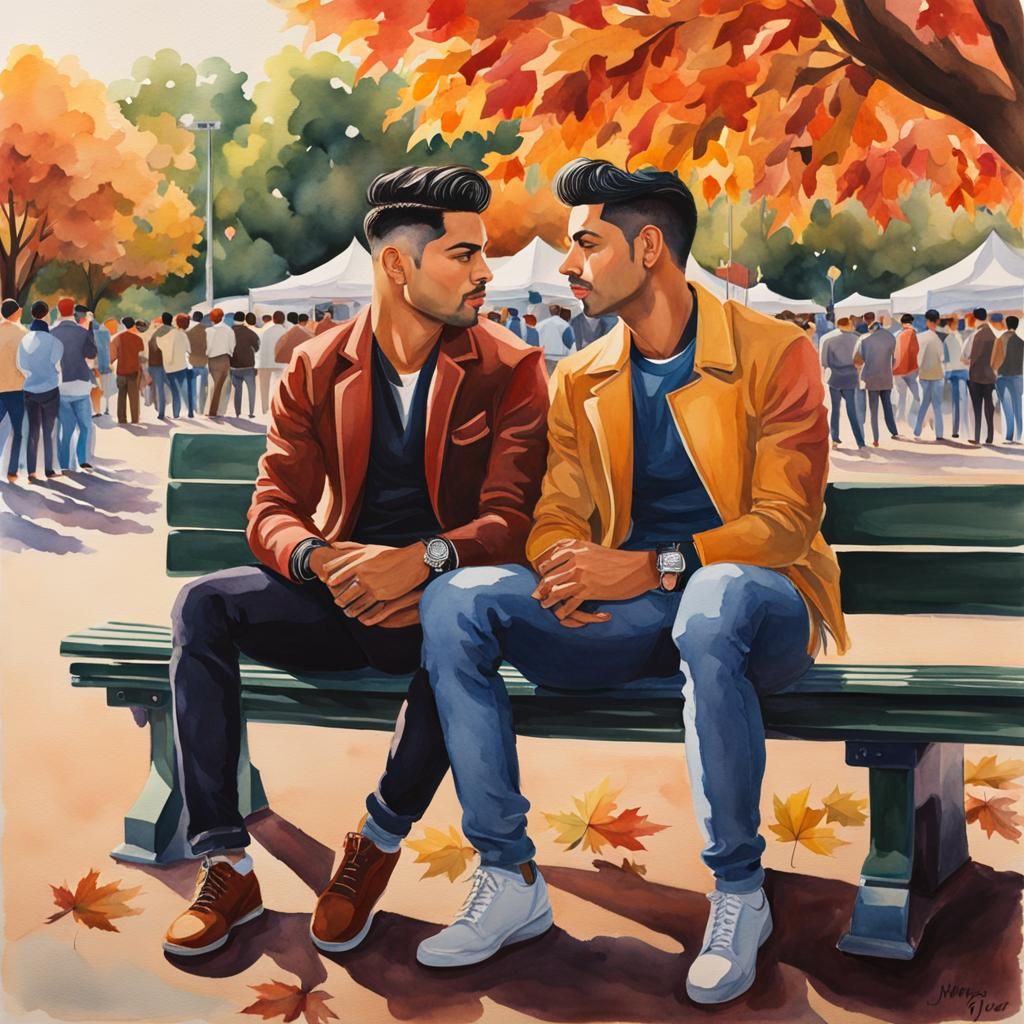 Gay Latino Couple Cuddling at Fair, Watercolor