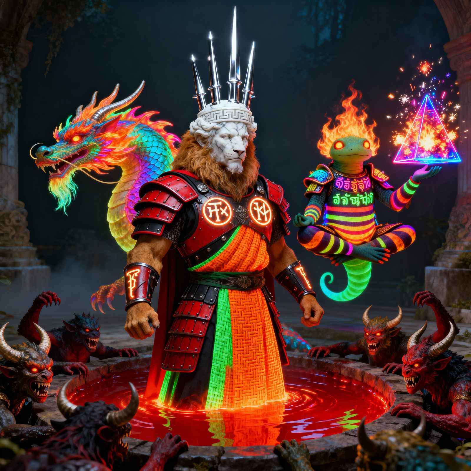 Lion Emperor Mage with Flaming Dragon and Axolotl Warlock