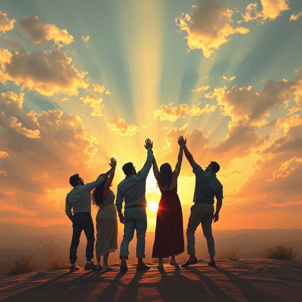 Friends Holding Hands at Sunset in Enki Bilal Style