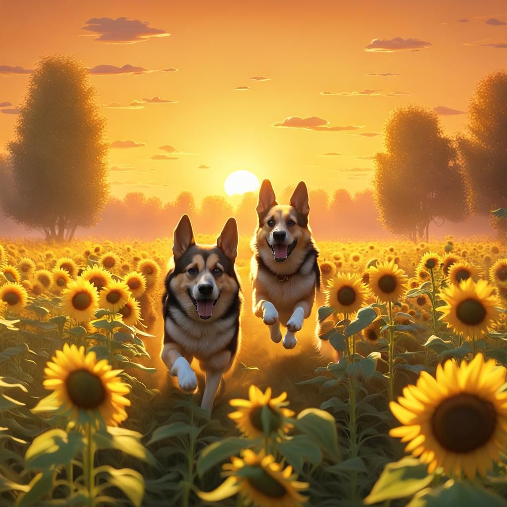 German Shepherd and Corgi Play in Sunflower Field