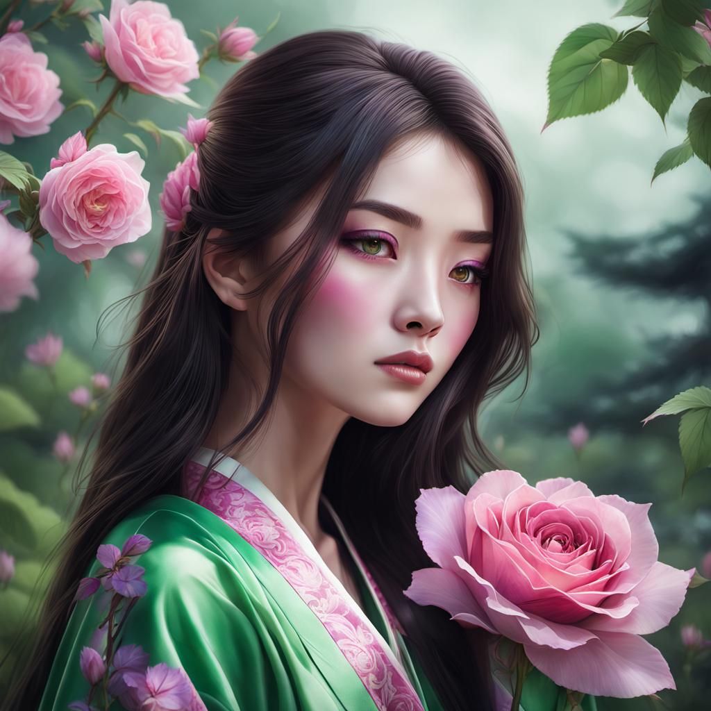 Beautiful Chinese Teen in Kimono with Rose