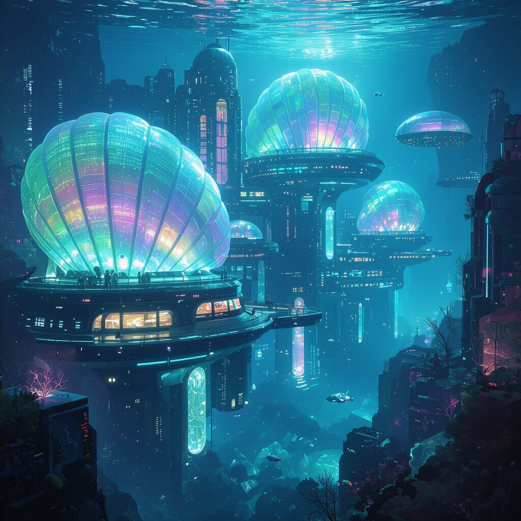 Underwater City with Bioluminescent Shell Buildings