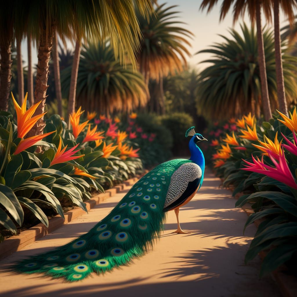 Peacock's Vibrant Display in Tropical Garden