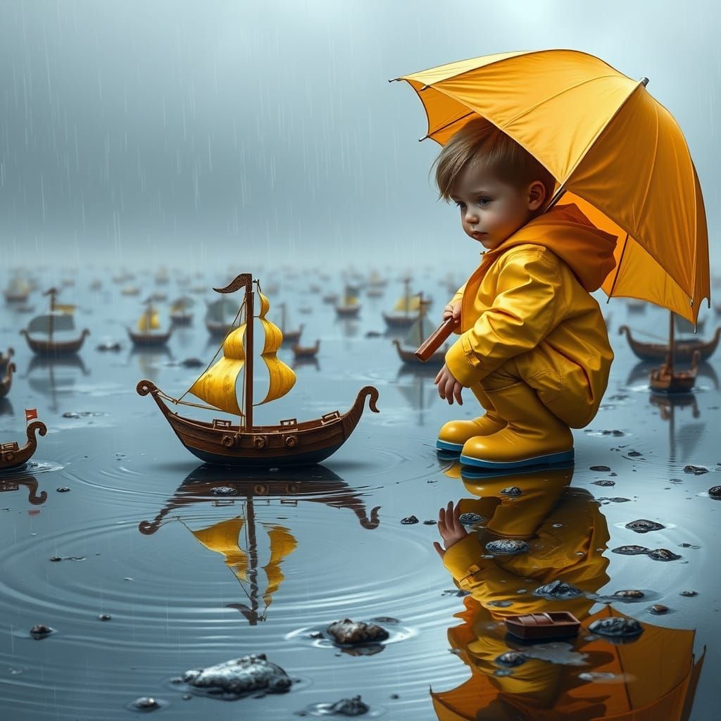 Whimsical Springtime Scene with Wooden Ships