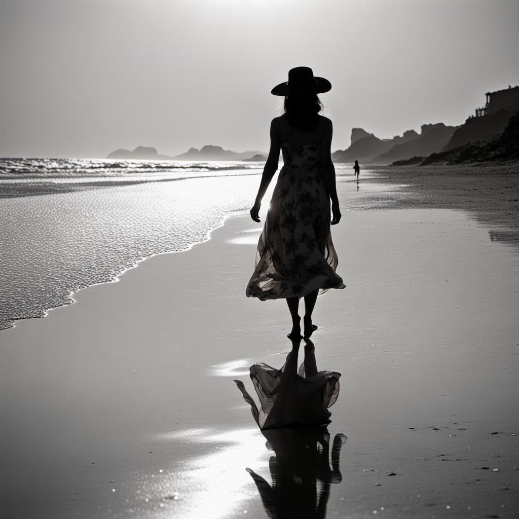 Silhouette of Woman Walking on Beach