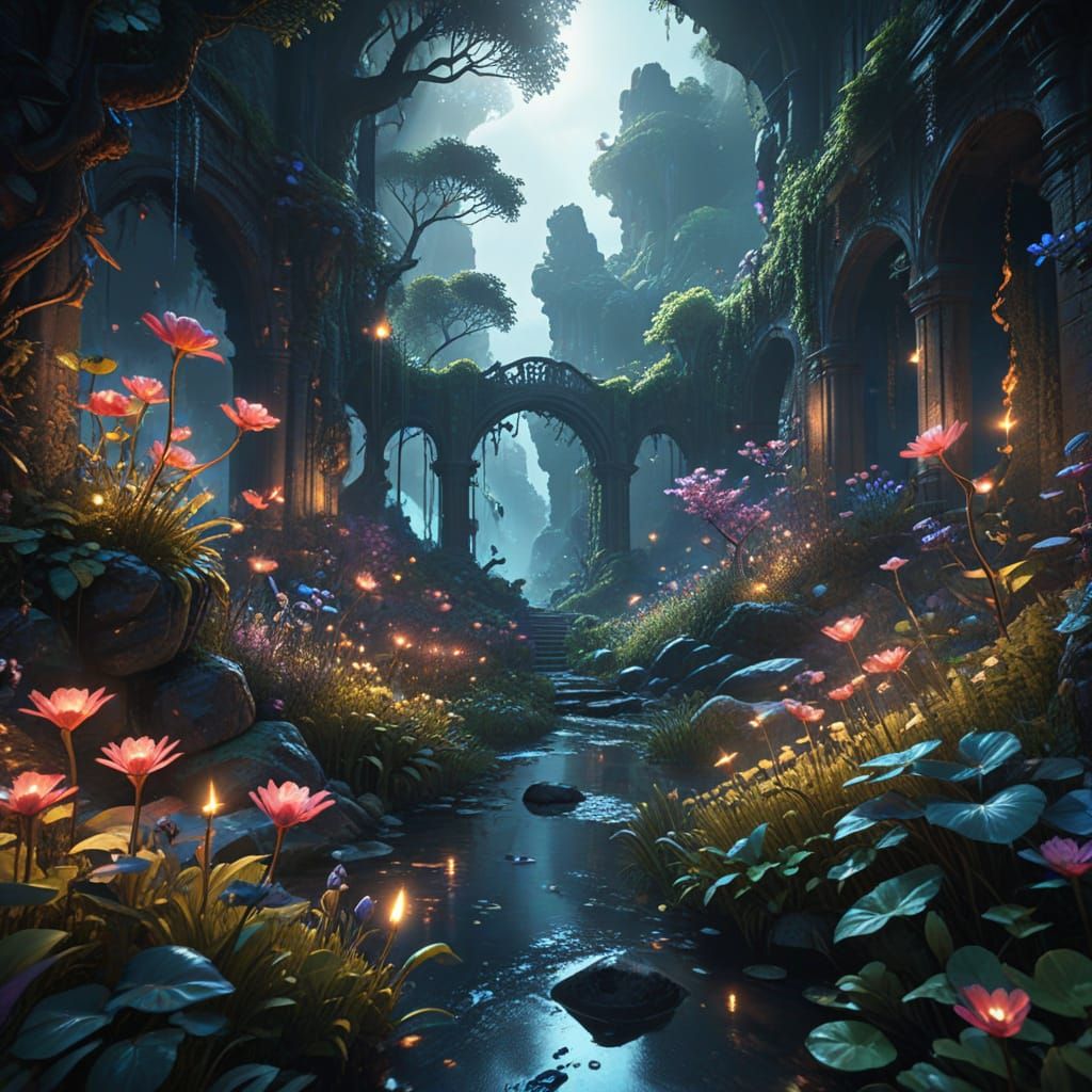 Ethereal Fantasy Landscape with Glowing Flora