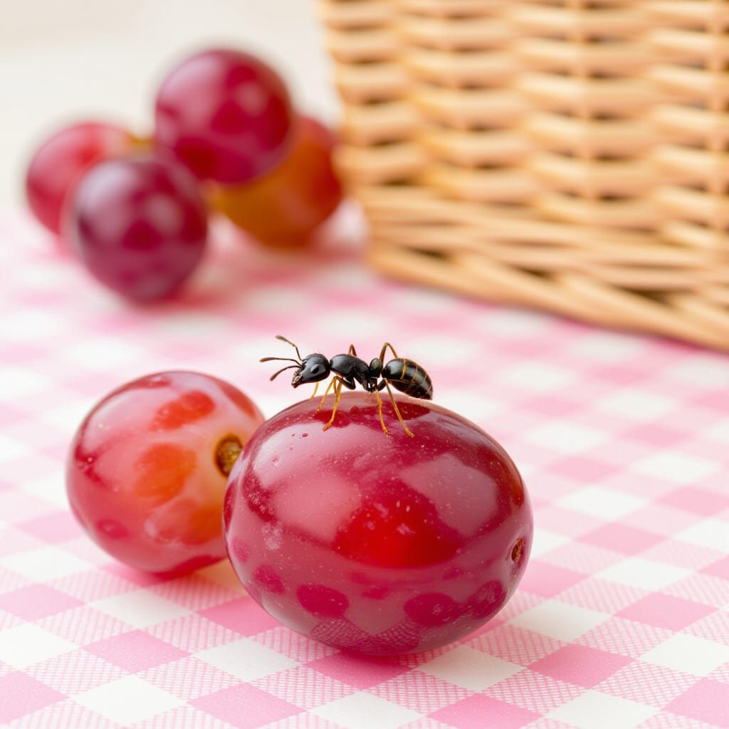 Ant on Pink Grape at Picnic