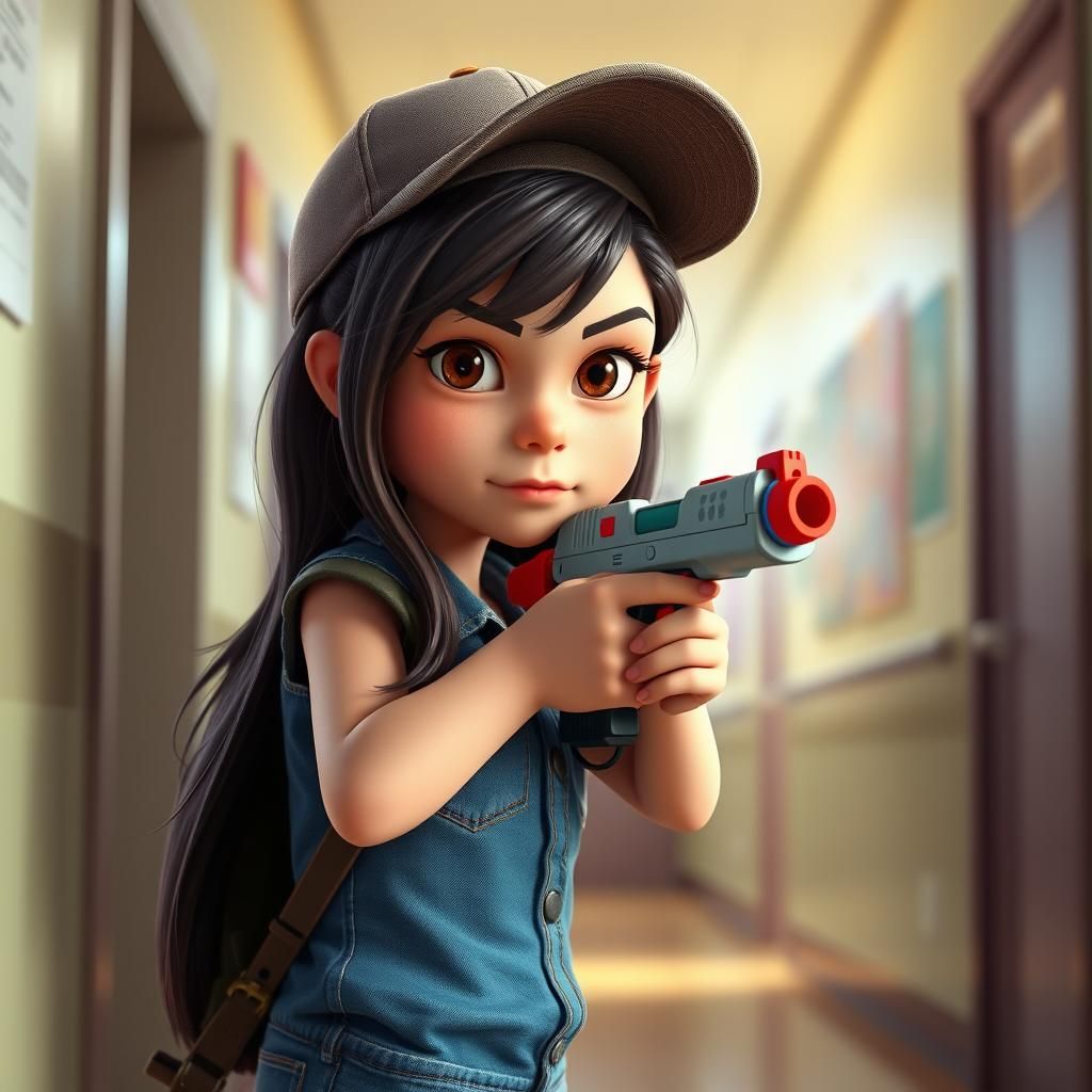 Girl with Water Pistol: Pixar-Inspired 3D Digital Art