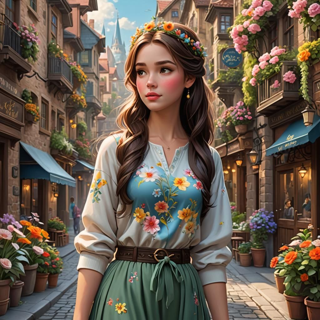 realistic small city street, hyper realistic and hyper detailed, beautiful nature, cozy and warm, stylish cartoon Disney...