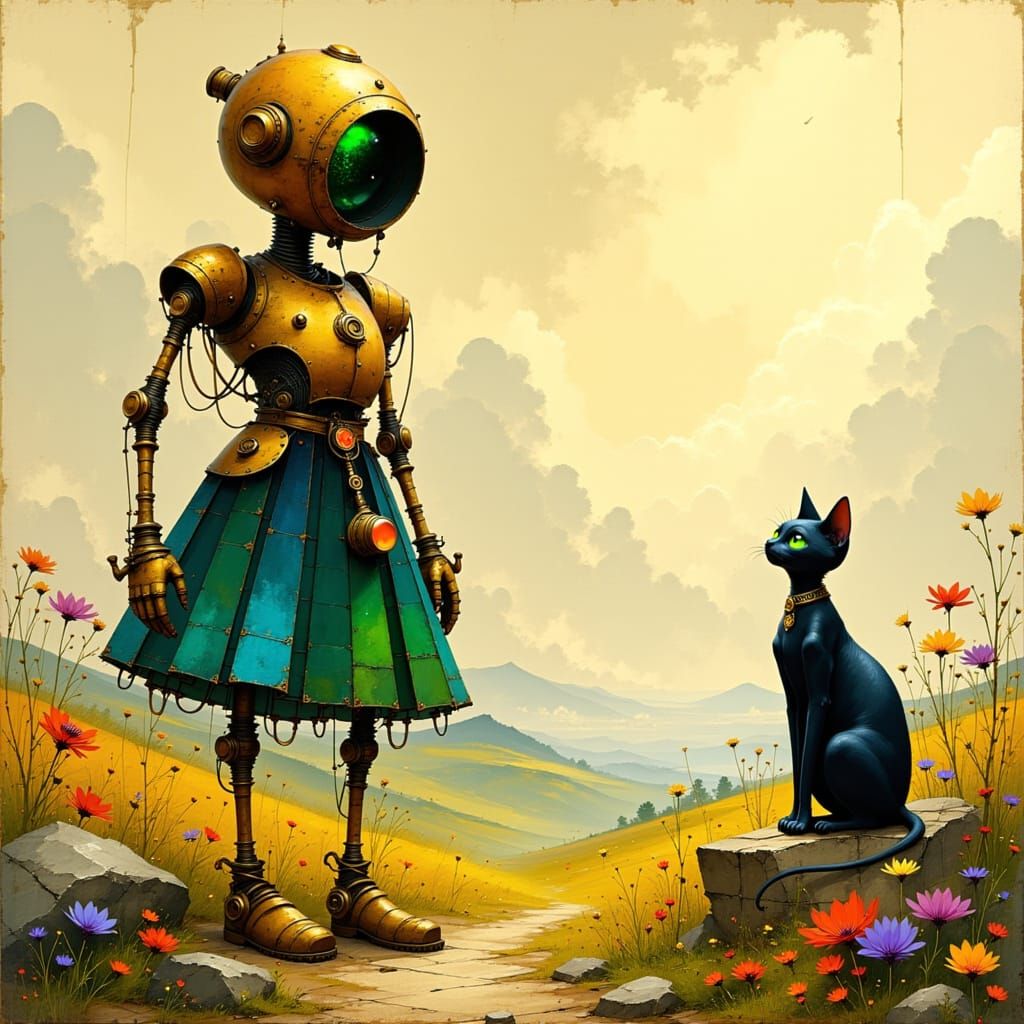 Steampunk Robot in Dreamy Landscape, Miyazaki and Mead Inspi...