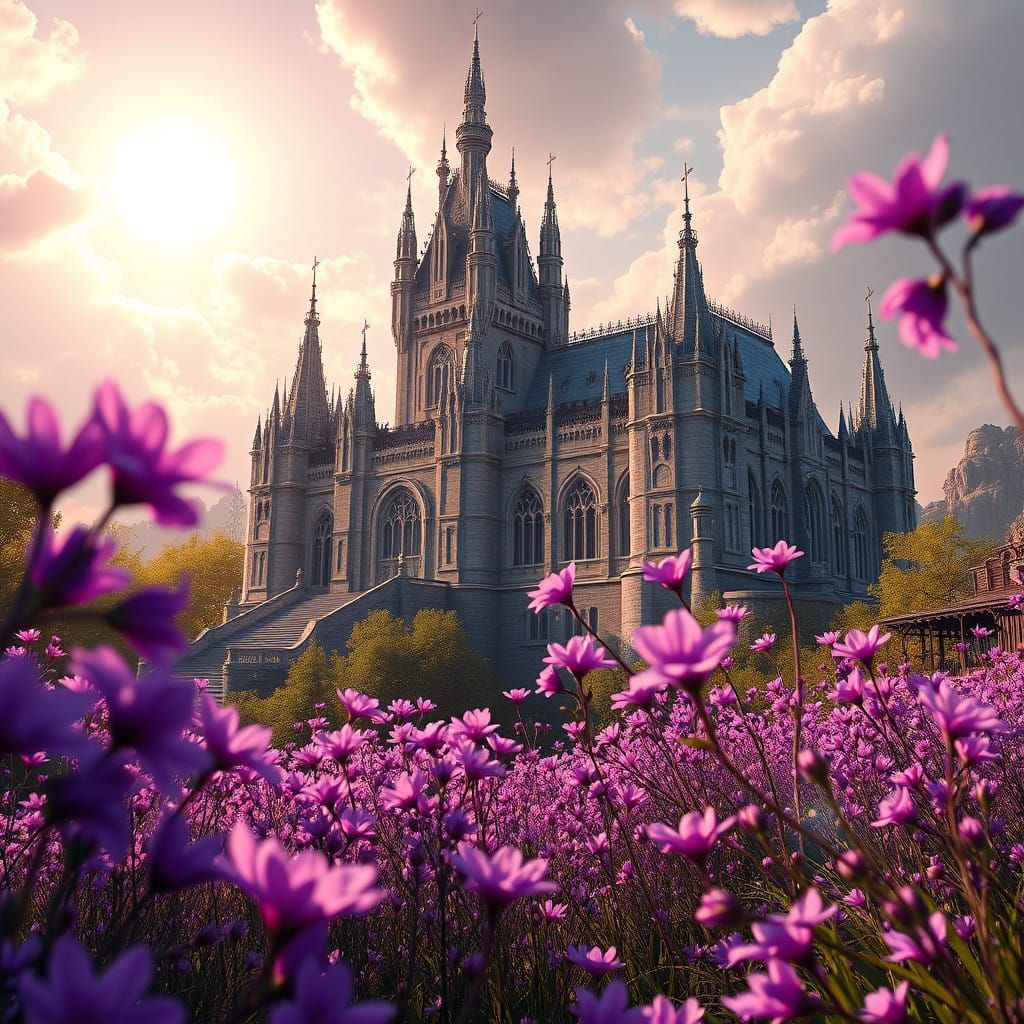 Fantasy Castle in Vibrant Purple Flower Garden