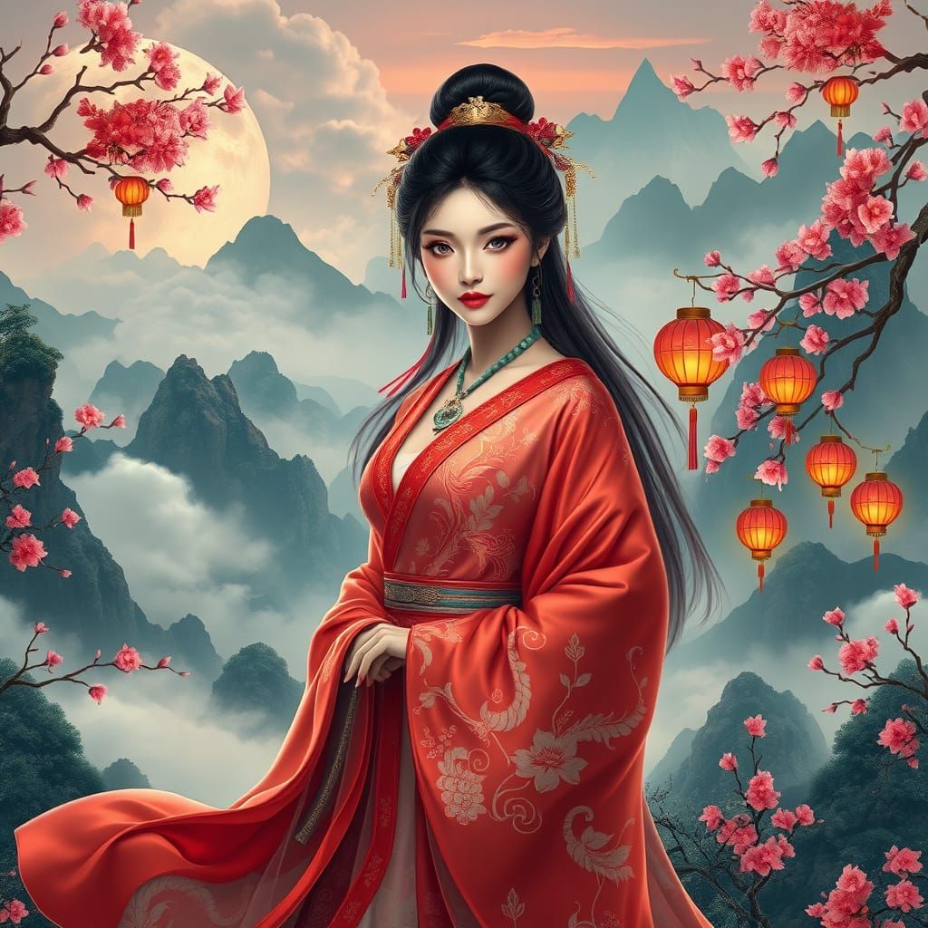 Ethereal Chinese Goddess in Ancient Mountainscape