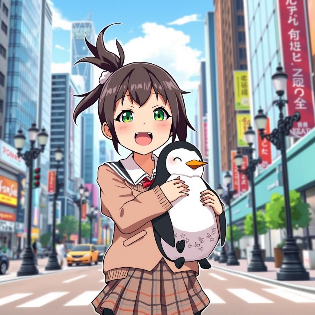 Anime Girl Embraces Penguin in Vibrant Cityscape