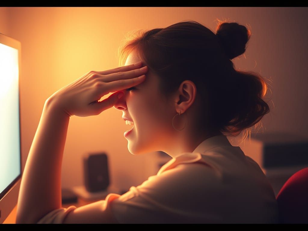 Woman Wincing from Blinding Computer Flash