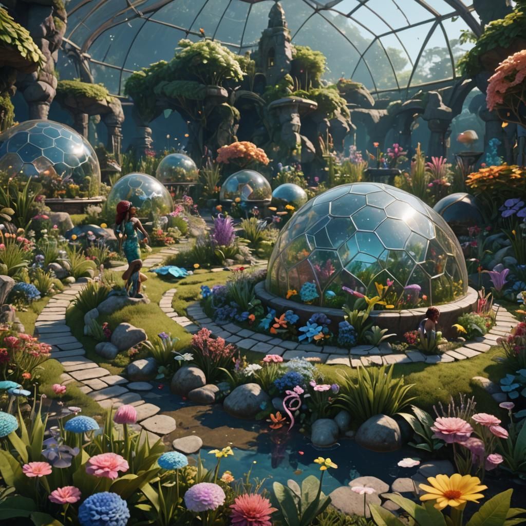 Ebony Mermaids Tend Flower Garden in Geo Dome