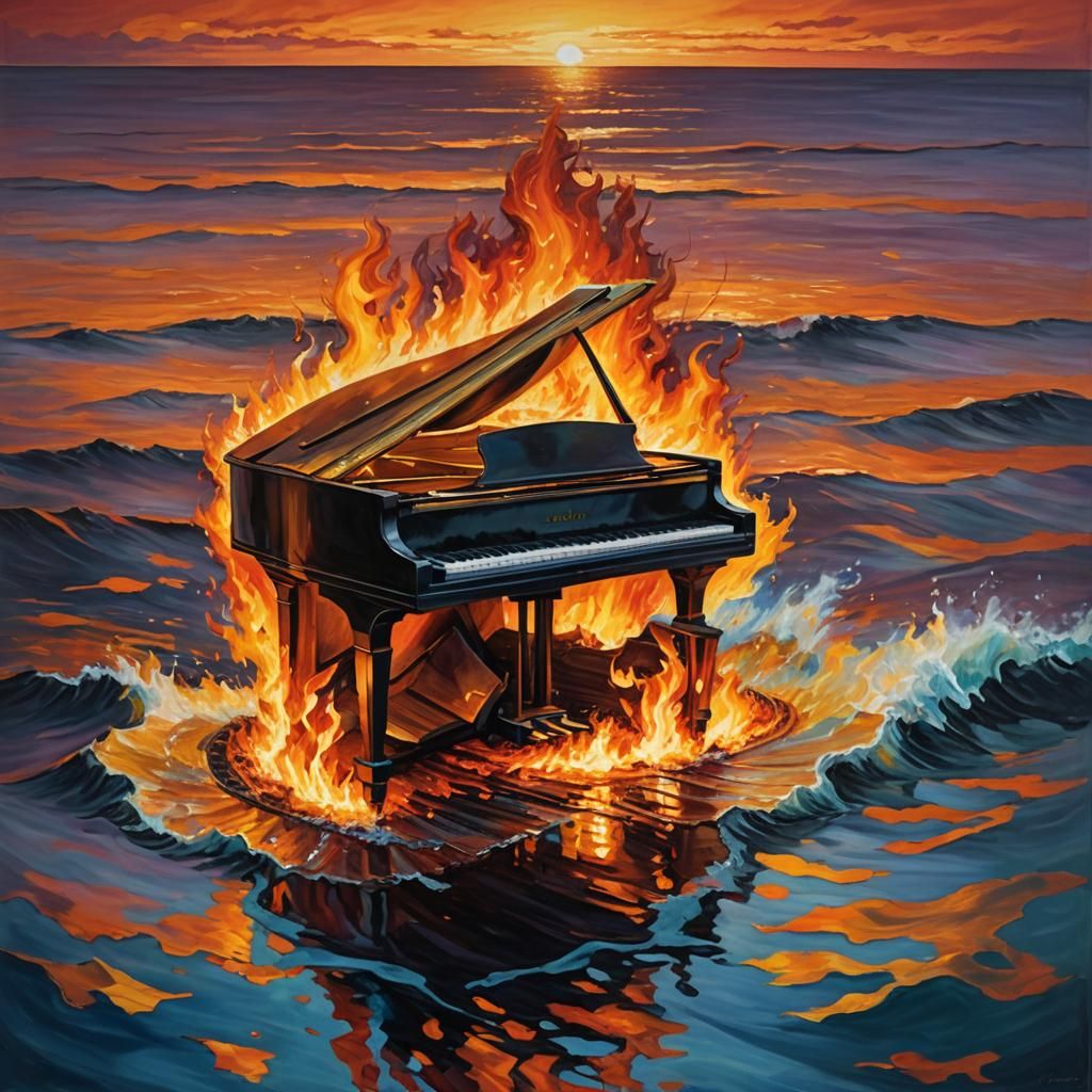 Piano Ablaze in Ocean Sunset: Surreal Oil Painting