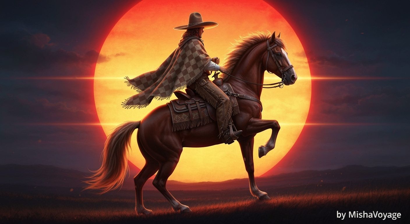 Cowboy Horse Rearing on Prairie at Sunset