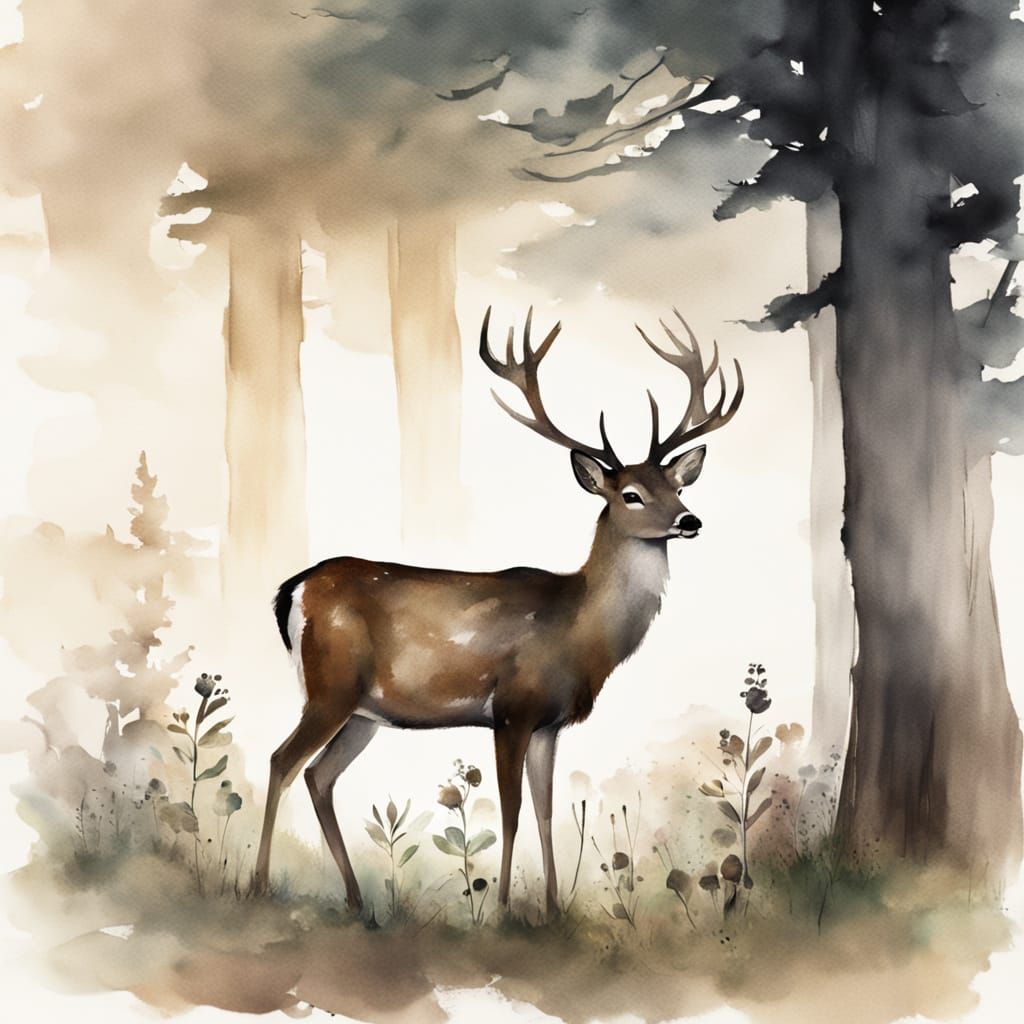 Serene Deer in Misty Forest: Ink Wash Watercolor
