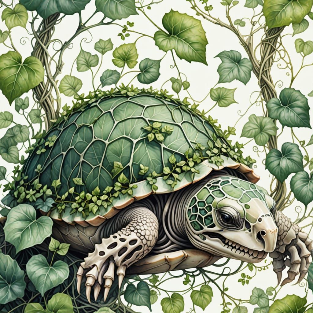 Ivy-Covered Turtle Skeleton: A Watercolor Illustration